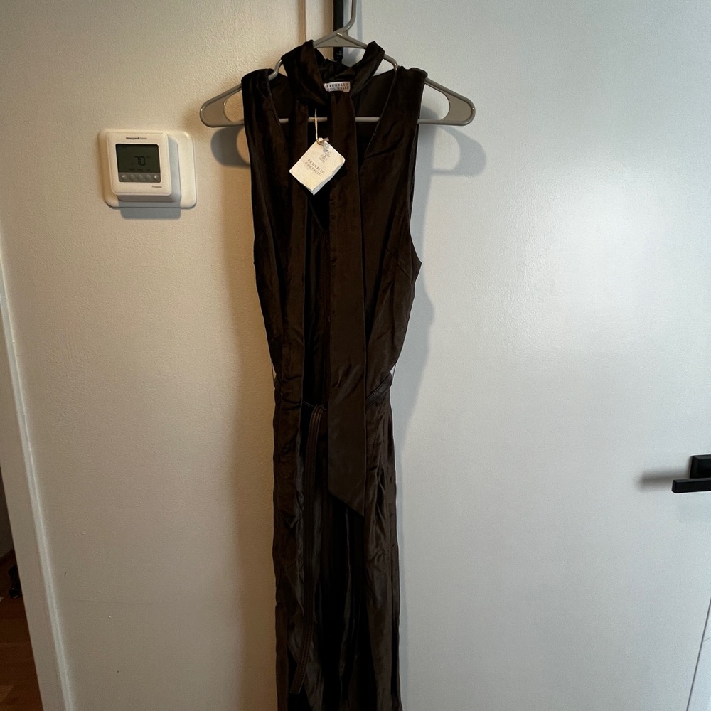 BRUNELLO CUCINELLI - Velvet Tie-Neck Dress in Dark Olive Brown